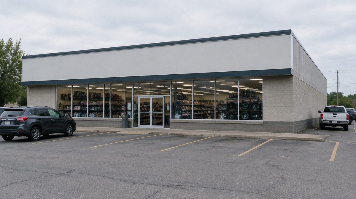 Representative photo of a generic freestanding auto parts store with a plain facade and parking lot, blank sign band