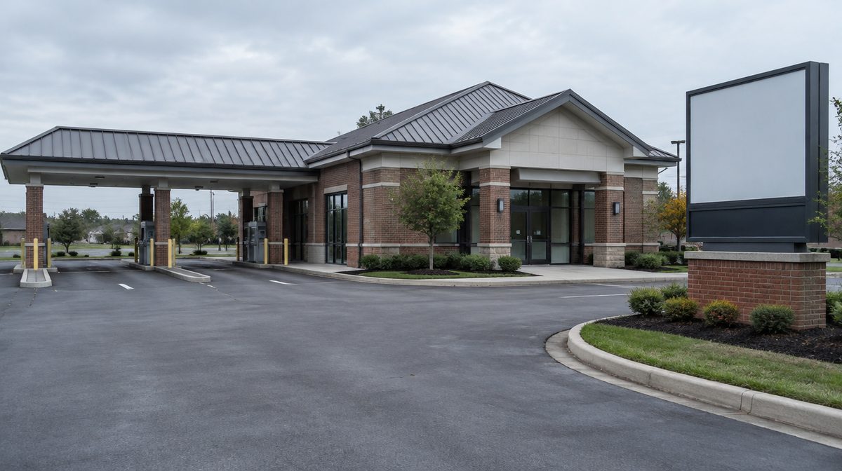 Representative photo of a generic freestanding bank branch with drive-up teller lanes, blank sign