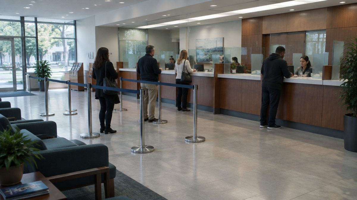 Representative photo of a bank branch lobby with teller line, unbranded