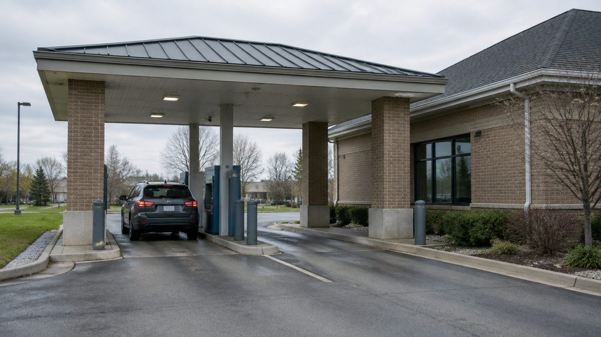 Representative photo of an ATM drive-up lane canopy beside a small bank building