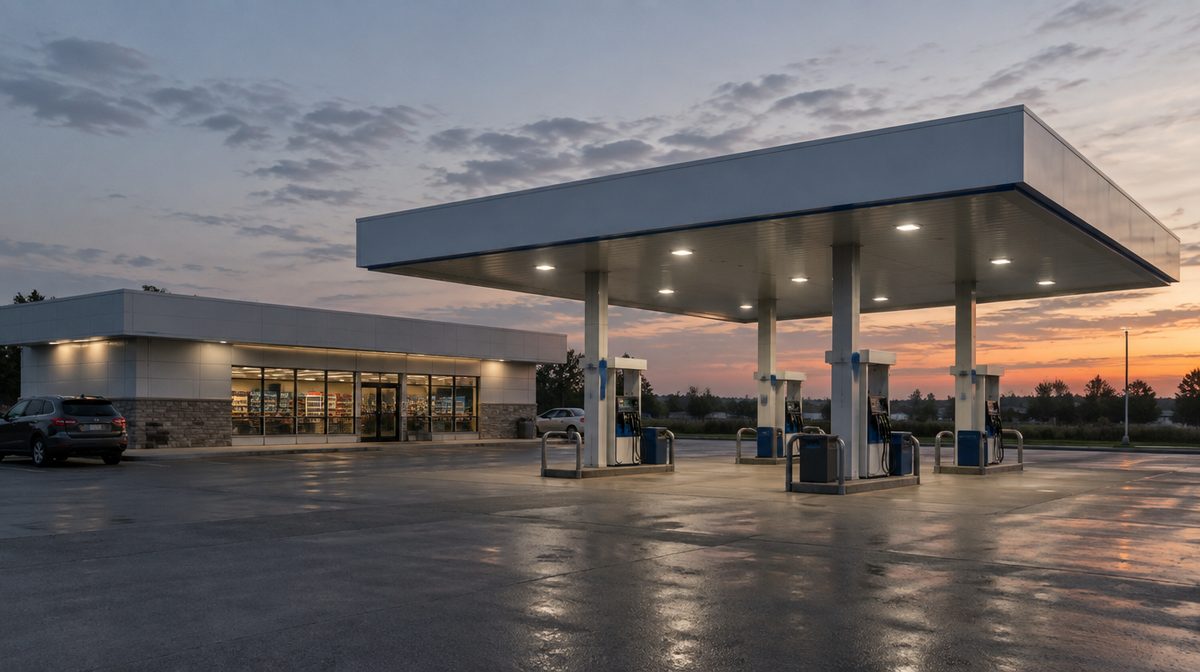 Representative photo of a generic convenience store with a fuel canopy and pumps at dusk, blank canopy fascia