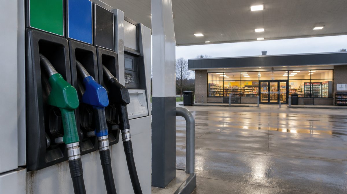 Representative photo: Close-up of fuel pumps under a lit canopy with the convenience store behind, unbranded
