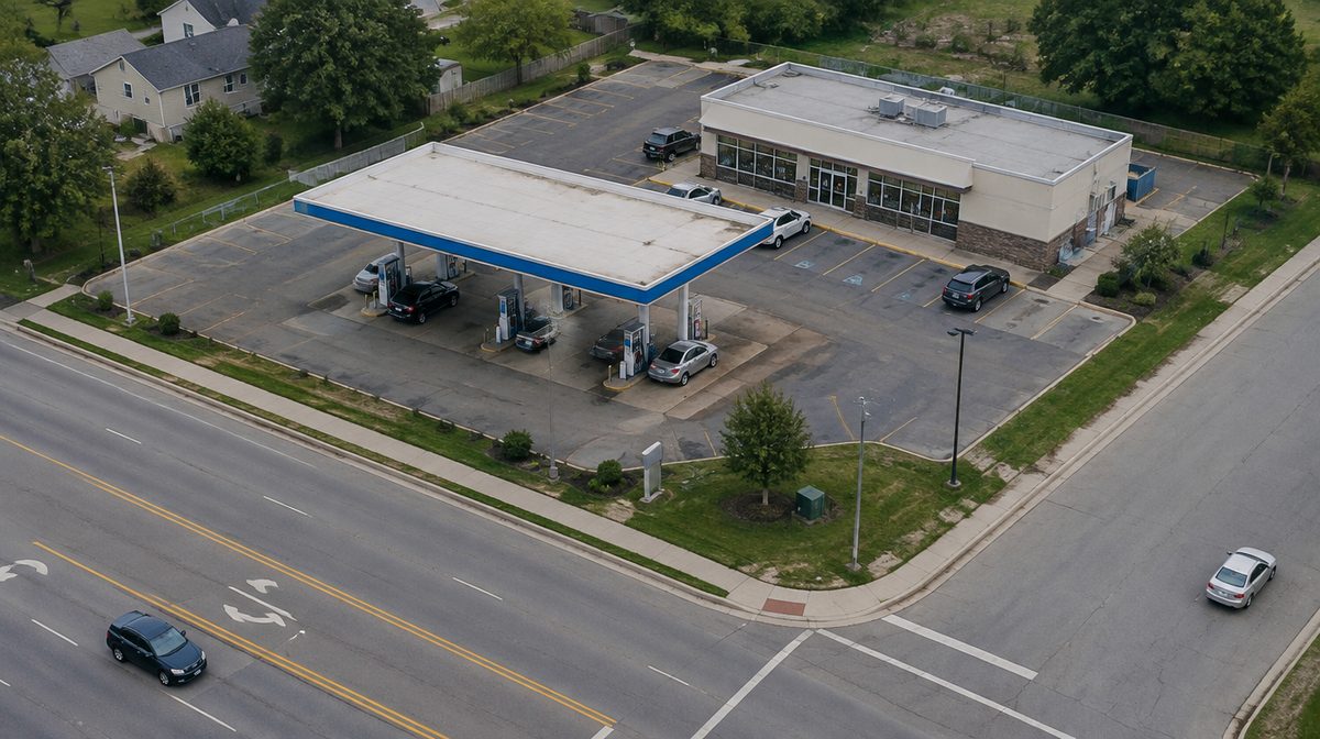 Representative photo: Aerial view of a gas station and convenience store on a corner lot