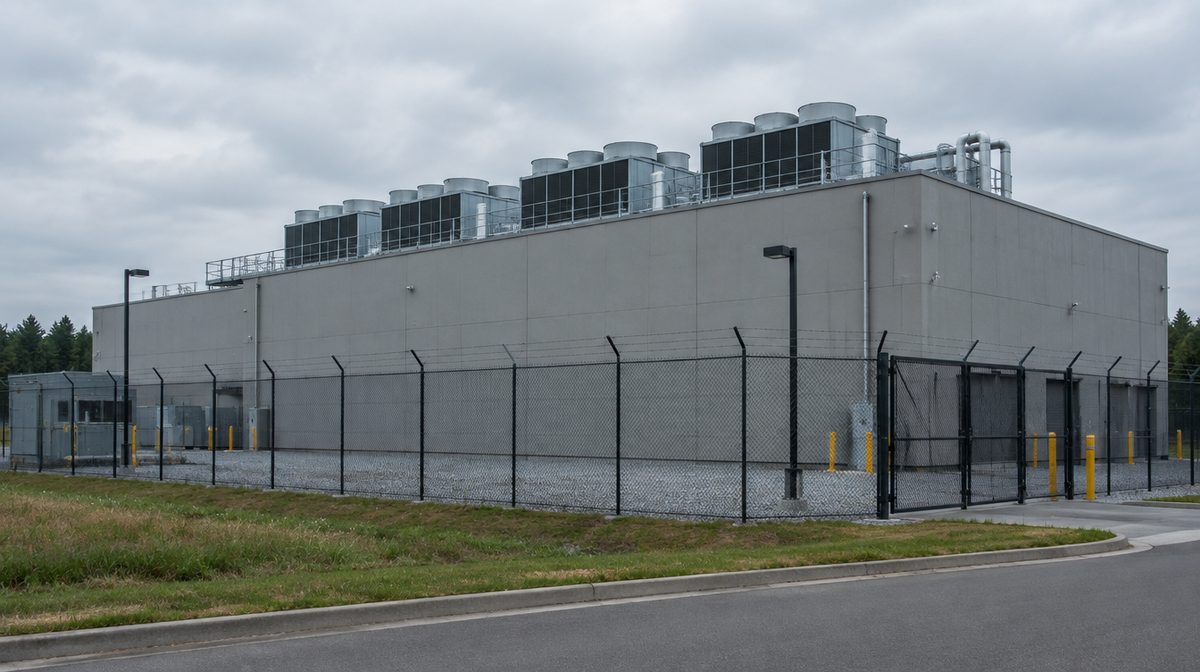 Representative photo of a windowless data center building with rooftop cooling equipment and security fencing
