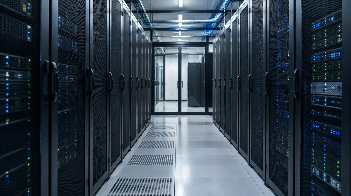 Representative photo of a server room aisle with rows of racks and cool lighting