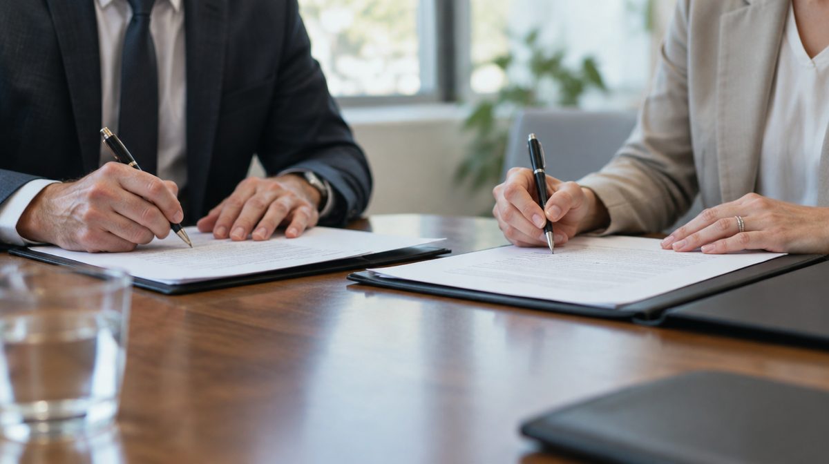 Representative photo: Two professionals signing closing documents at a conference table, hands in focus