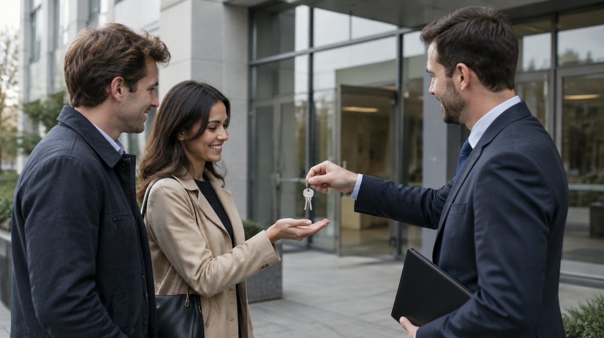 Representative photo of a broker handing over keys in front of a commercial building