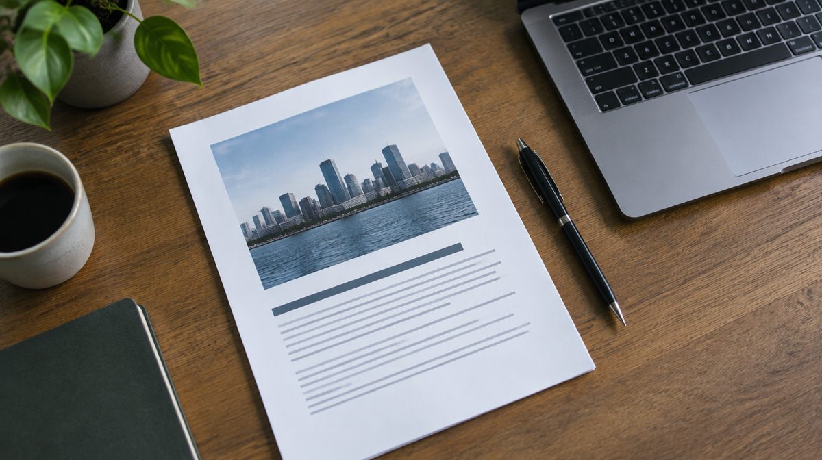 Representative photo of an offering memorandum and a pen on a desk beside a laptop, overhead view