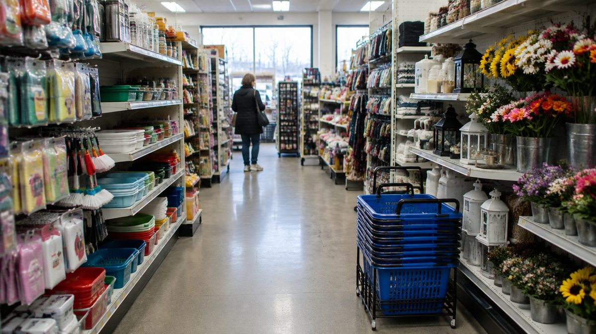 Representative photo: Interior aisle of a generic discount variety store with shopping baskets