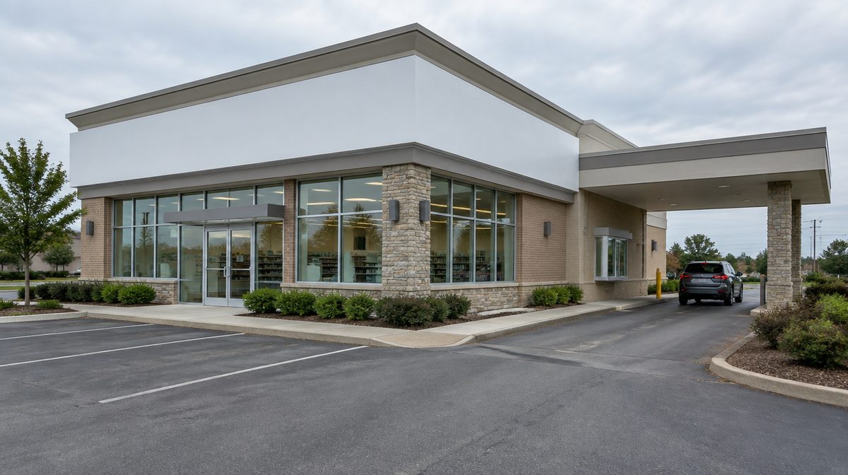 Representative photo of a generic freestanding corner pharmacy building with a drive-thru canopy, blank sign band