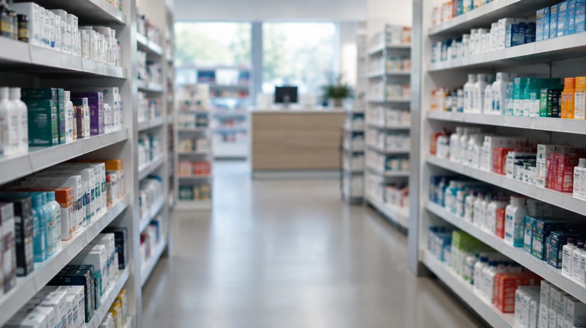Representative photo: Interior aisle of a generic pharmacy with shelves softly blurred