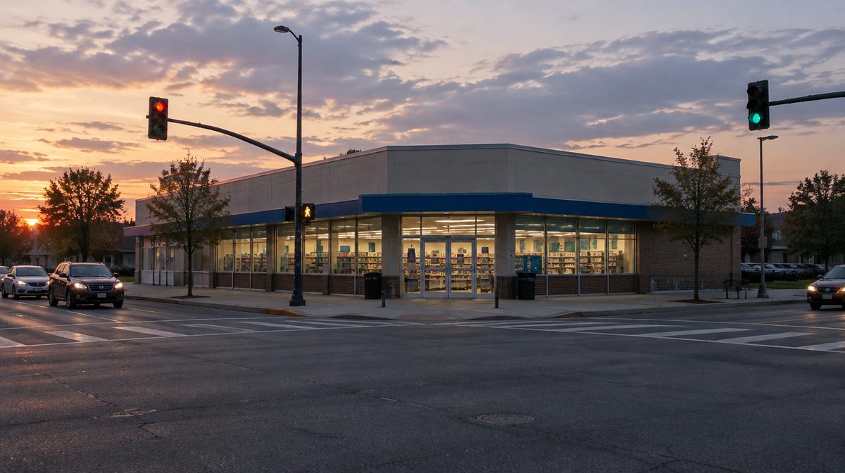 Representative photo of a corner-lot drugstore building at a signalized intersection, wide shot at dusk