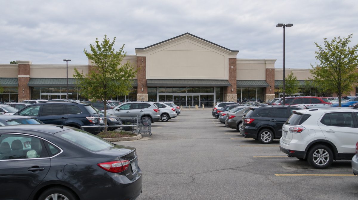 Representative photo of a generic grocery-anchored shopping center with a supermarket facade, blank sign, full parking lot