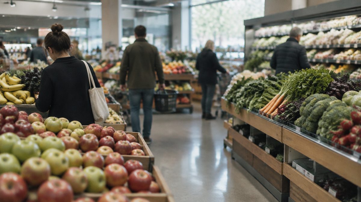 Representative photo: Produce section inside a generic supermarket, softly blurred shoppers