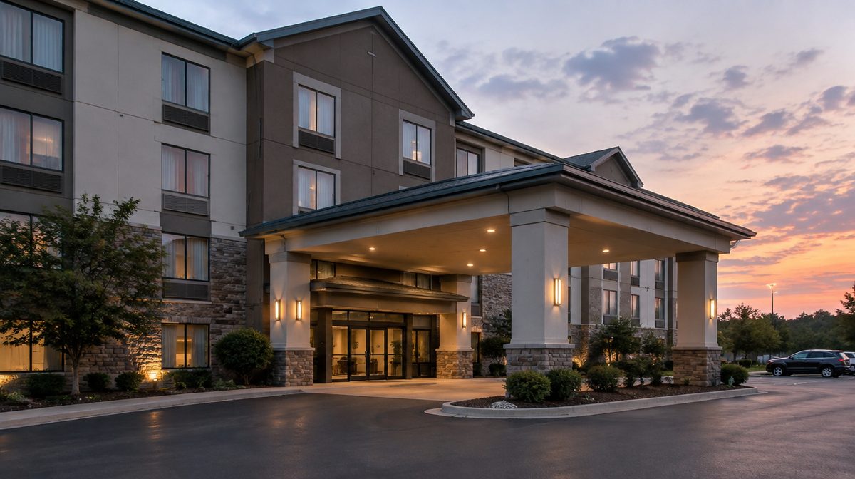Representative photo of a generic select-service hotel building with a porte-cochere at dusk