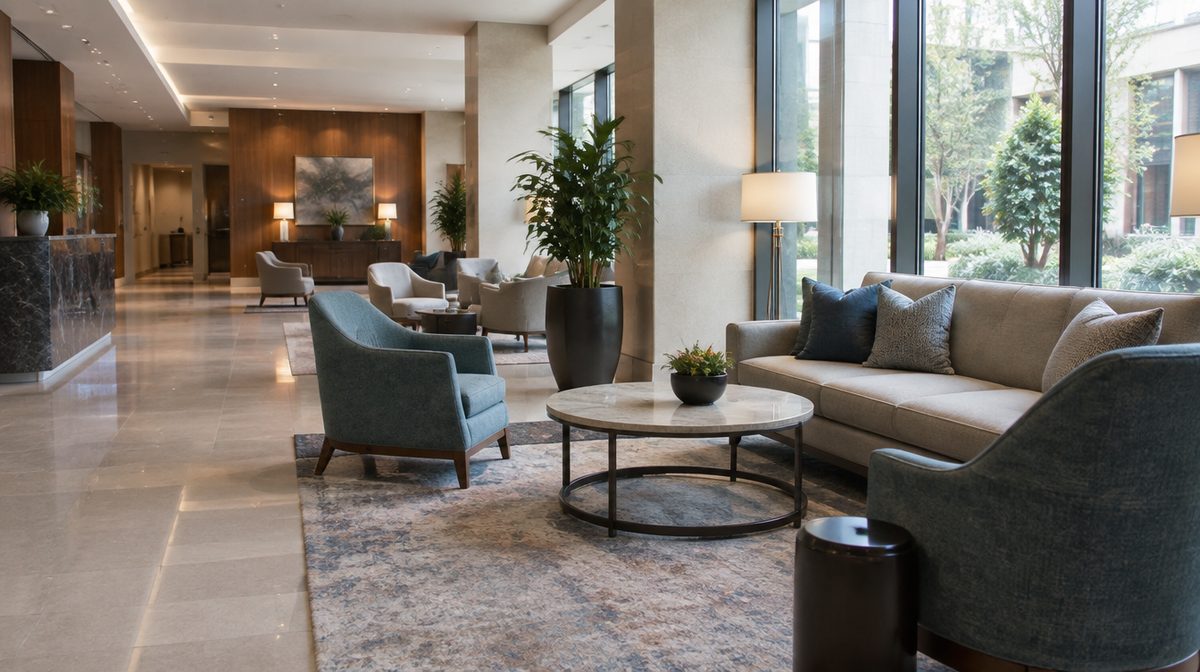Representative photo of a clean hotel lobby with seating, unbranded