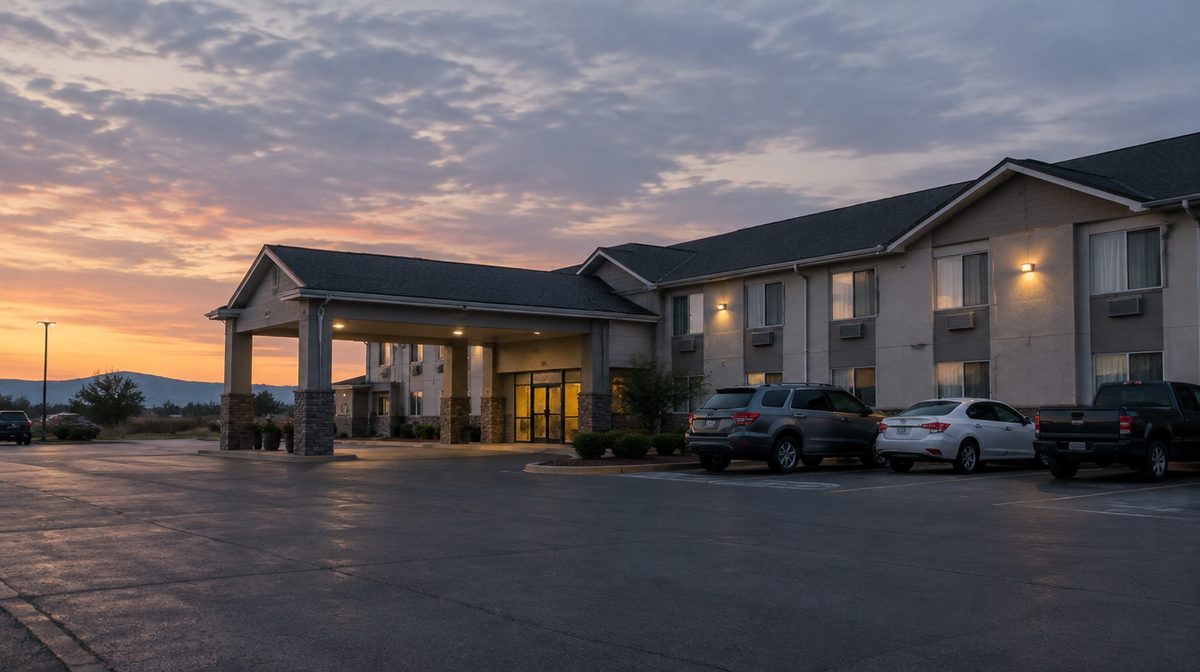 Representative photo: Exterior of a roadside hotel with parking lot under evening sky