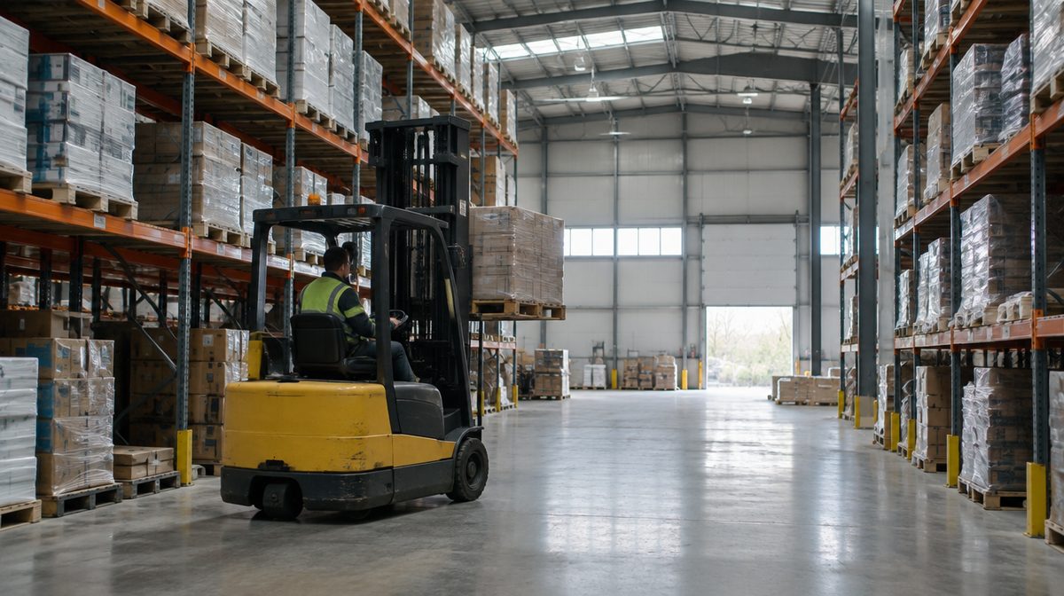 Representative photo: Interior of a high-bay warehouse with racking and a forklift
