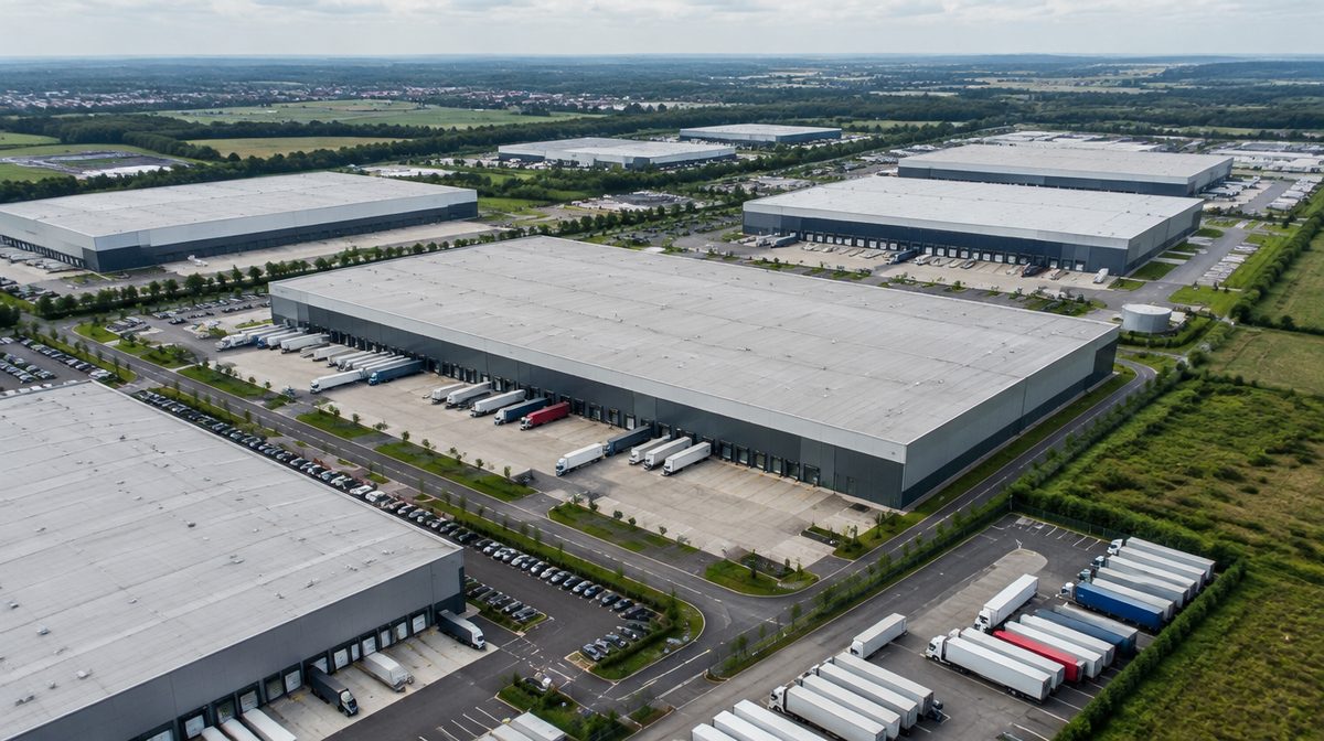 Representative photo: Aerial view of a logistics park with large flat-roof warehouses and truck courts