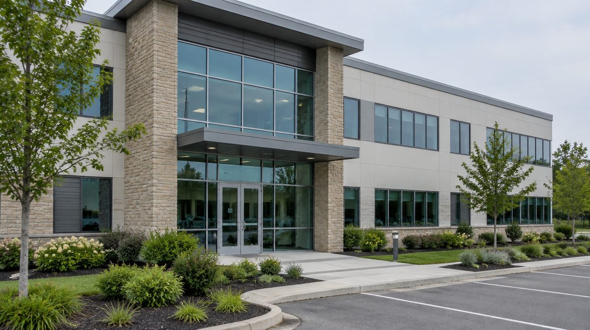Representative photo of a modern two-story medical office building with glass entry and landscaping