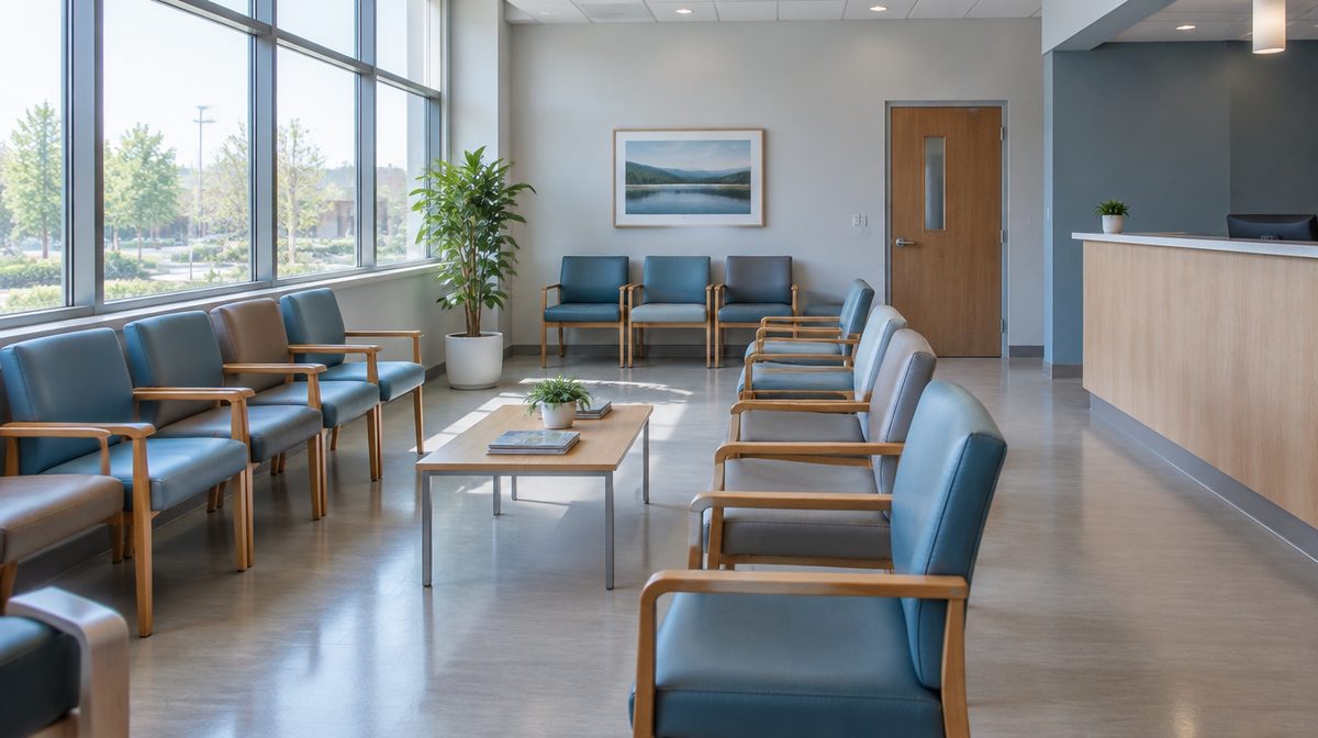 Representative photo of a clean outpatient clinic waiting room, empty chairs, daylight