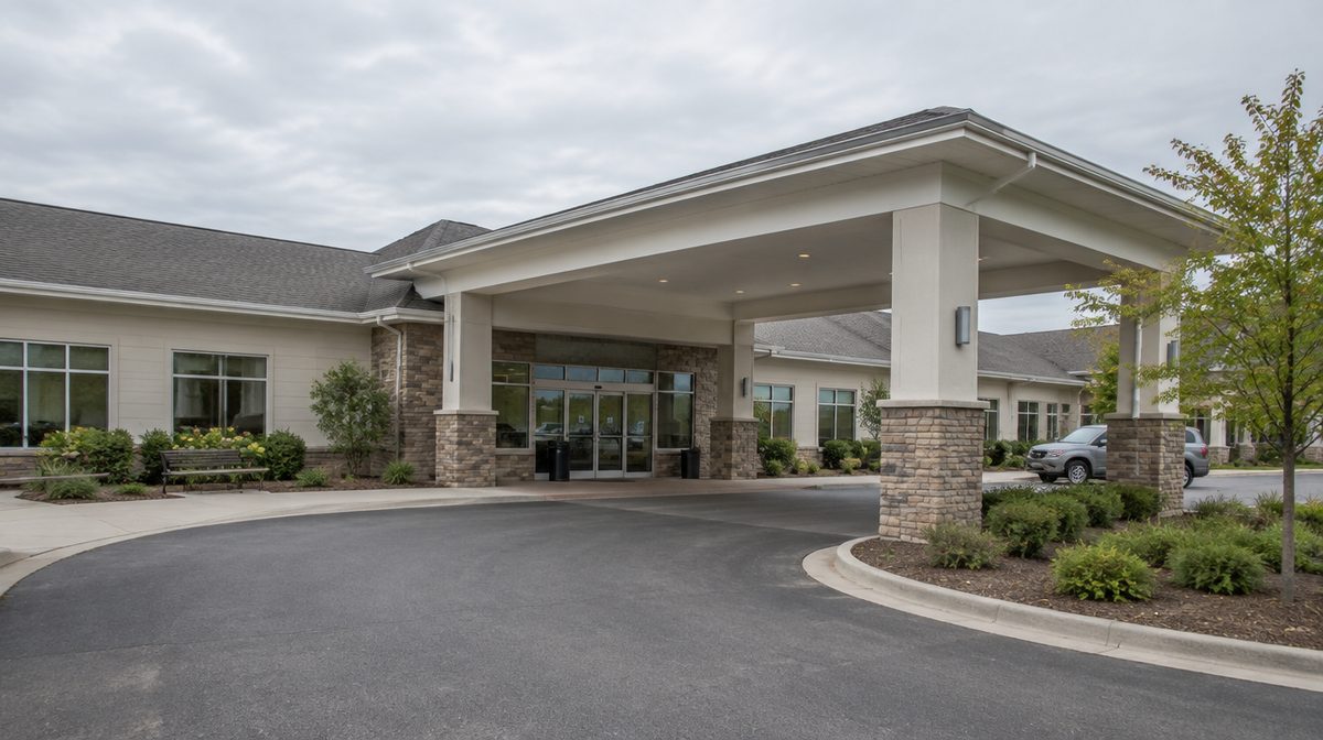Representative photo of a single-story medical clinic building with a covered patient drop-off