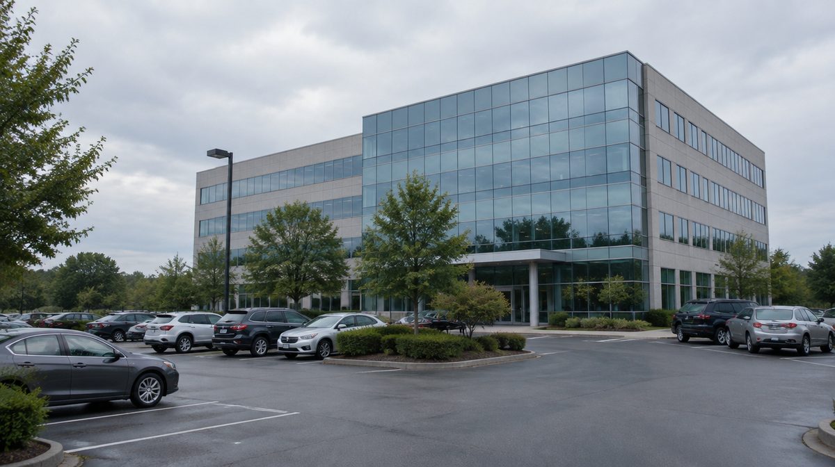 Representative photo of a suburban mid-rise glass office building with a parking lot