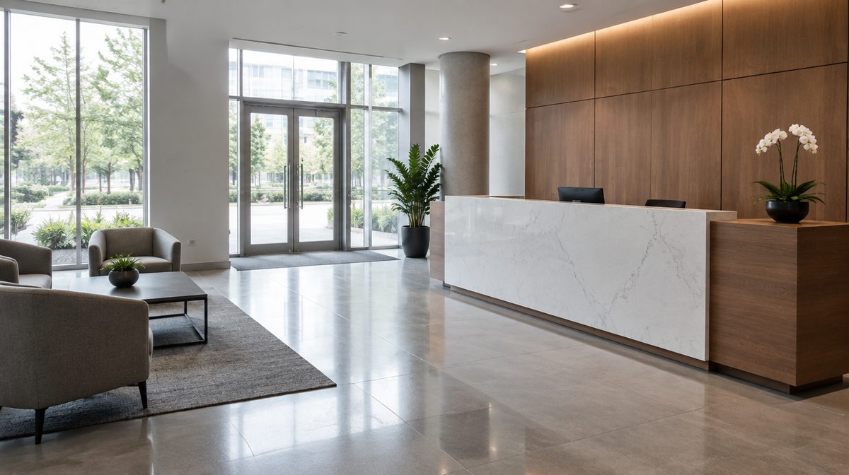 Representative photo of an empty modern office lobby with reception desk