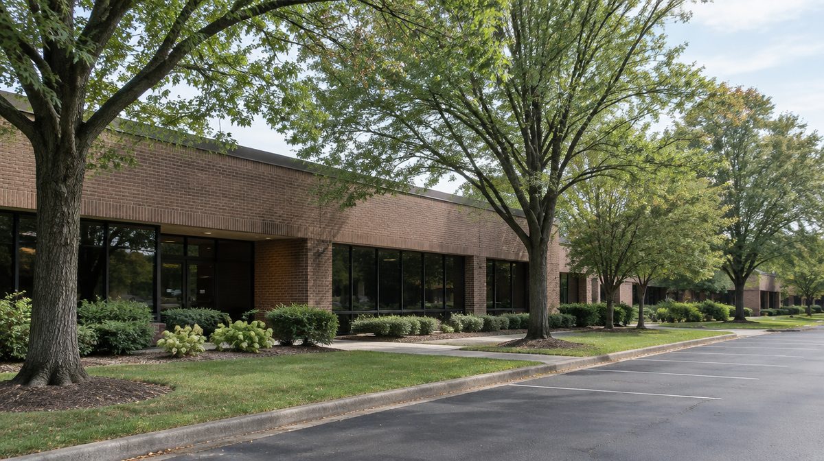 Representative photo of a low-rise brick office park building with mature trees