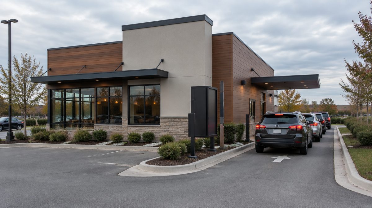 Representative photo of a generic freestanding quick-service restaurant with a drive-thru lane and cars queued, blank fascia