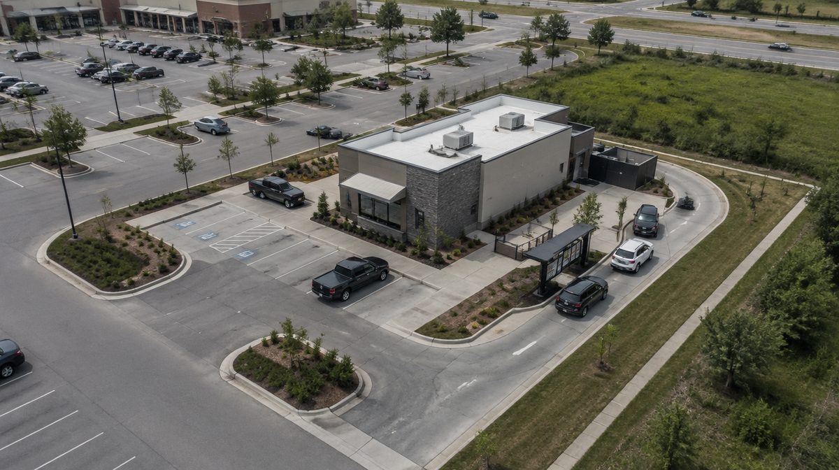 Representative photo: Aerial view of a drive-thru restaurant pad site on a shopping center outparcel