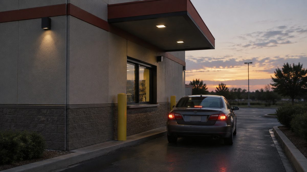 Representative photo of a drive-thru pickup window and canopy of a generic fast food building at dusk