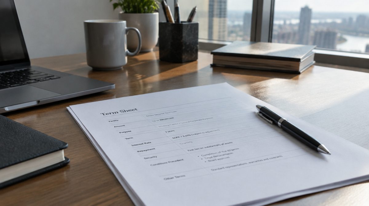 Representative photo of a banker's desk with a loan term sheet and a pen, window light