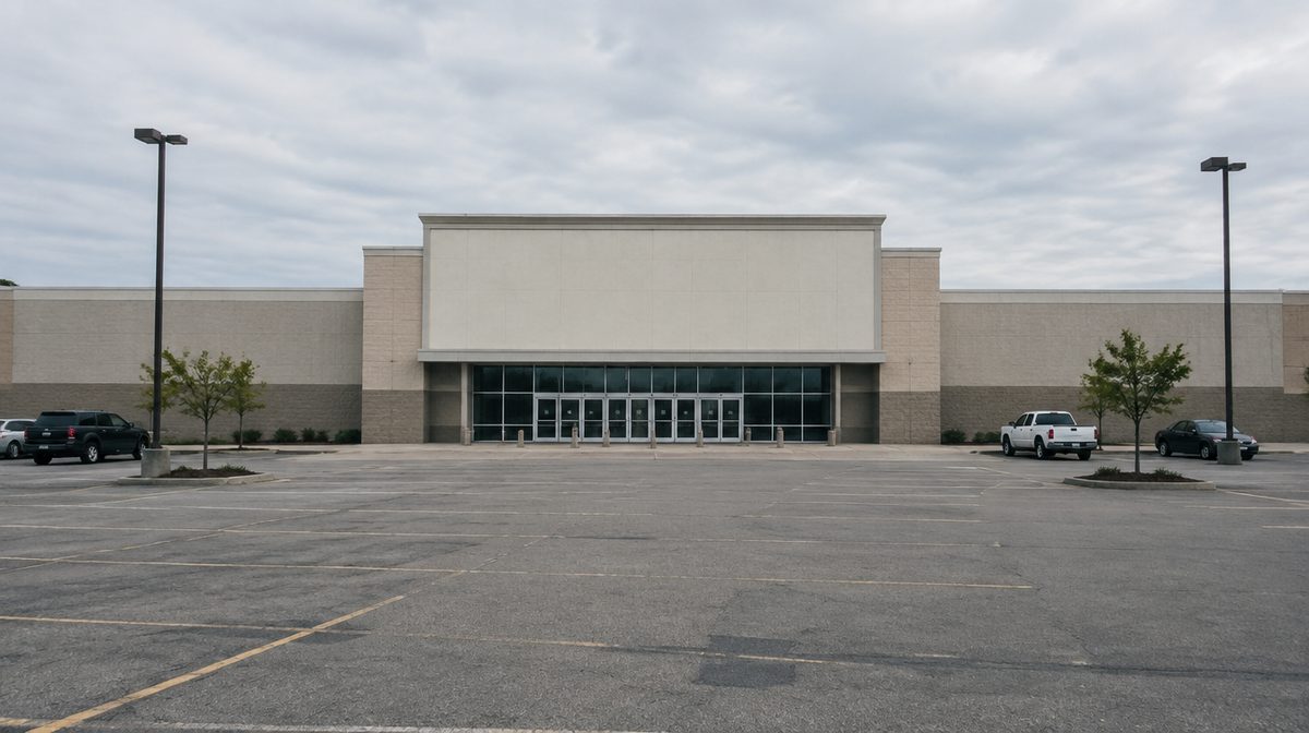Representative photo of a freestanding big-box style retail building with a blank facade and large parking lot