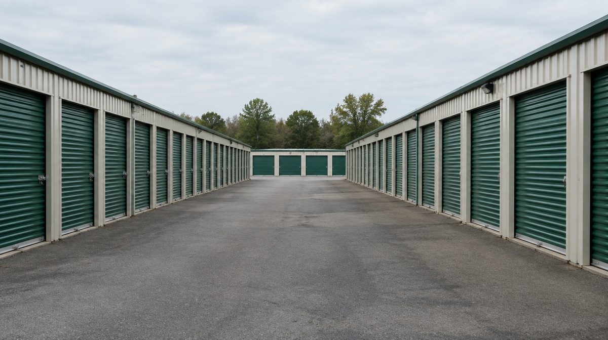 Representative photo: Rows of self-storage units with roll-up doors and a wide drive aisle