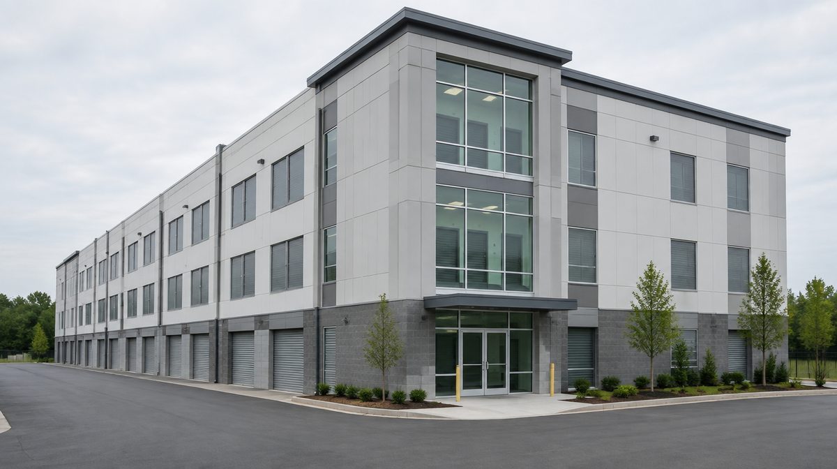 Representative photo of a modern multi-story climate-controlled self-storage building, blank facade