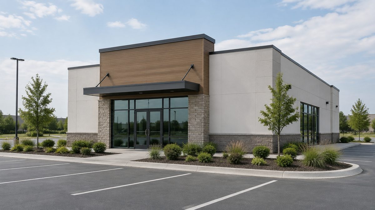 Representative photo of a freestanding single-tenant net lease building on a pad site, blank facade, clean landscaping