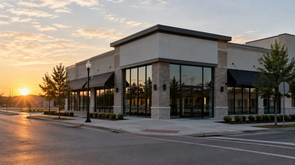 Representative photo of a freestanding retail building on a corner lot at sunrise, unbranded