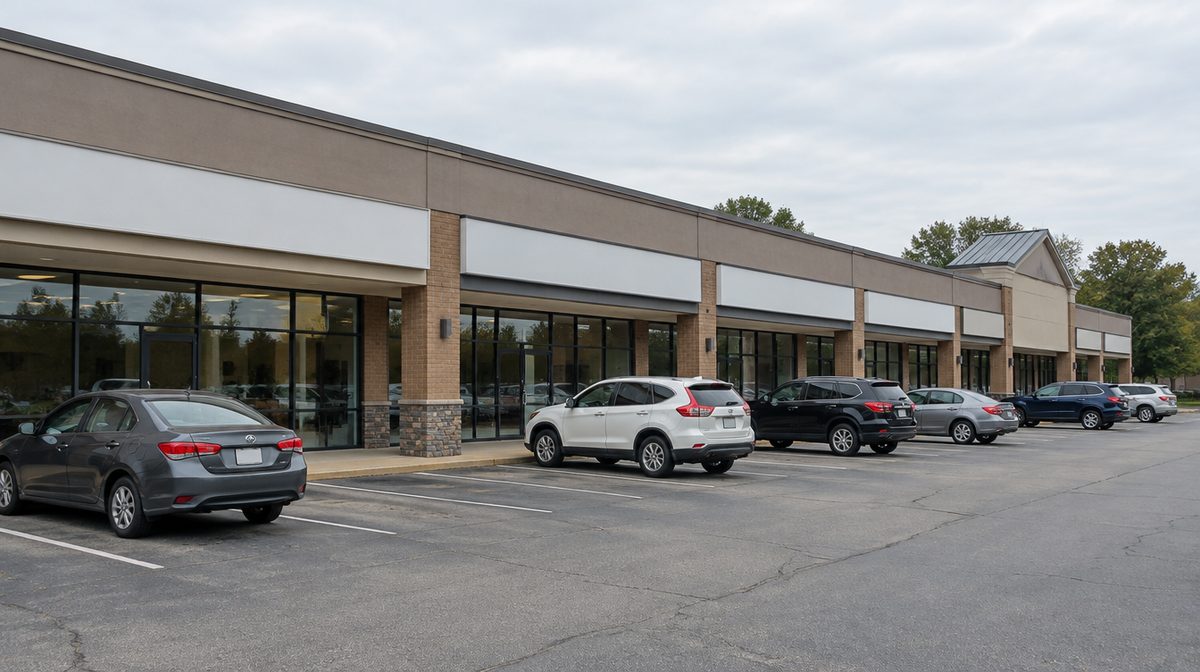 Representative photo of a neighborhood strip shopping center with a row of small storefronts and blank sign bands, parking lot in front