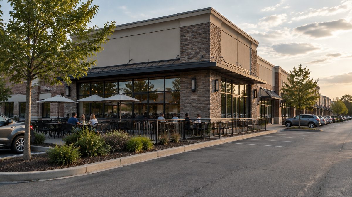 Representative photo: End-cap unit of a strip center with outdoor seating, late afternoon