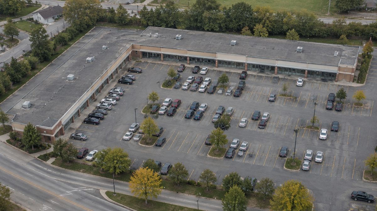 Representative photo: Aerial view of an L-shaped strip center and its parking field