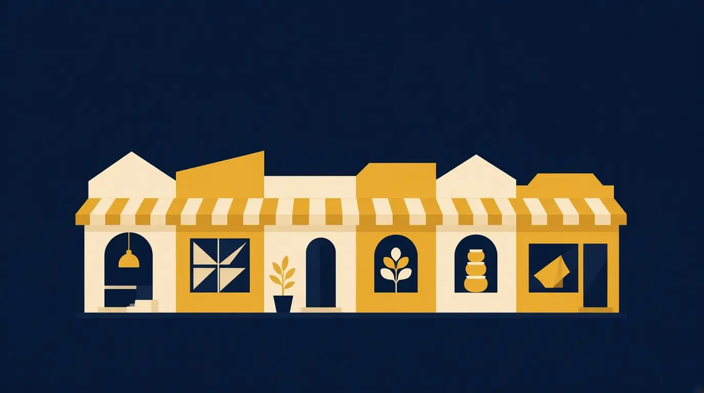 Illustration of a row of storefront silhouettes